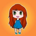 Anime cute little cartoon girl with red long hair