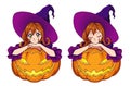 Anime cute witch with red hair sitting on Jack o lantern.