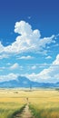 Monumental Vistas: A Joyful Anime Scene Of An Empty Field With Azure Clouds
