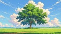 anime drawing of a tree and clouds in a sunny field. Anime style