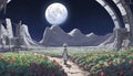 Anime Farm on the moon and human looking to another moon.