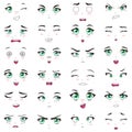 Anime female characters facial kawaii expressions. Manga woman mouth, eyes and eyebrows vector illustration set. Cartoon