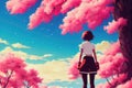 anime fighting girl, cherry blossom tree scene, ai generated image