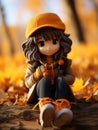 an anime figurine sitting on a log in the autumn leaves