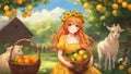anime girl with basket of apples A cute anime girl with long orange hair and green eyes, wearing a yellow and green lolita