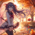 An anime girl with beautiful autumn in the morning, with bench, tree, falling leaves, cute pose, wallpaper, fantasy art, nature
