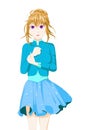 Anime girl with brown hair tied using a blue skirt and jacket