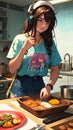 Anime girl cooking in a kitchen, wearing headphone, a plate of food, digital painting, anime artstyle