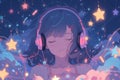 An Anime Girl Finds Tranquility Among Twinkling Stars, Coasting To Lofi Hip Hop Melodies