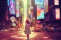 anime girl in front of a big city, blurry city illustration, ai generated image
