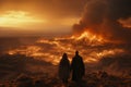 Anime girl and giant in cinematic destruction dramatic matte painting with vague survival theme