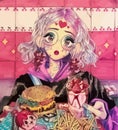 Anime girl with glasses, with a burger, fries and a cocktail on a tray