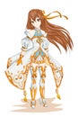 Anime girl hair brown with white gold costume character game illustration