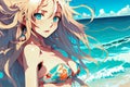 An anime girl with long blue hair, set against a sunny beach with sea waves, generative ai illustration