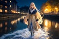 anime girl, long light gold hair, indoor garden with fountain, river running, blueish moonlight Royalty Free Stock Photo