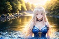 anime girl, long light gold hair, indoor garden with fountain, river running, blueish moonlight Royalty Free Stock Photo