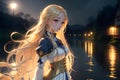 anime girl, long light gold hair, indoor garden with fountain, river running, blueish moonlight Royalty Free Stock Photo