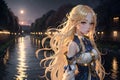 anime girl, long light gold hair, indoor garden with fountain, river running, blueish moonlight Royalty Free Stock Photo