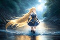 anime girl, long light gold hair, indoor garden with fountain, river running, blueish moonlight Royalty Free Stock Photo