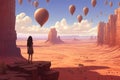 anime girl looking at flying balloons in monument valley landscape, manga style illustration generative ai