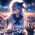 Anime girl made of night scenery of a city, pose in cute, brushstroke, hue, shadow, sky and clouds, beautiful, fantasy art