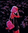 Anime girl with pink hair, a backpack and a skirt on a sakura background