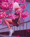 Anime girl with pink hair, with a tattoo, in a dress and sneakers sits on a fence against a background of sakura