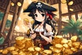 Anime Pirate Girl Proudly Showcasing Gold Coin Treasure Tropical Island