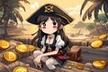 Anime Pirate Girl Proudly Showcasing Gold Coin Treasure Tropical Island
