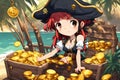 Anime Pirate Girl Proudly Showcasing Gold Coin Treasure Tropical Island