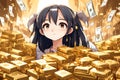 Anime Pirate Girl Proudly Showcasing Gold Coin Treasure Tropical Island