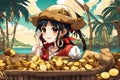 Anime Pirate Girl Proudly Showcasing Gold Coin Treasure Tropical Island