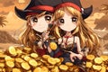 Anime Pirate Girl Proudly Showcasing Gold Coin Treasure Tropical Island