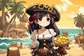 Anime Pirate Girl Proudly Showcasing Gold Coin Treasure Tropical Island