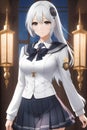 Anime girl in school uniform with elegant pose, long white hair, stylish, wallpaper, anime style, fantasy