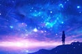 Anime girl standing cliff night sky shooting stars illustration landscape Royalty Free Stock Photo