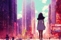 an anime girl standing in front of a big city, colorful manga art, ai generated image