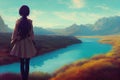 an anime girl standing in front of a fantasy river landscape illustration, ai generated image