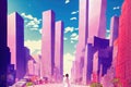 anime girl standing in front of a futuristic city with very big towers, colorful manga art, ai generated image