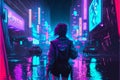 anime girl standing with her back facing the camera in a cyberpunk style night city with neon lights