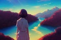 an anime girl thinking about life in front of a big river, ai generated image