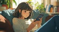 Anime Girl Using Smartphone On Couch Royalty Free Stock Photo