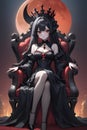 An anime girl, vampire queen with her crown in royal black dress, sitting on a chair with red full moon, elegance, wallpaper