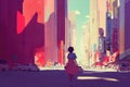 an anime girl walking in a big city with a summer dress, colorful manga art, ai generated image