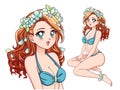 Anime girl wearing blue swimsuit and flower wreath. Red curly hair, big brown eyes