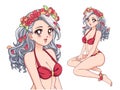 Anime girl wearing red swimsuit and flower wreath. White curly hair, big brown eyes. Hand draw vector illustration