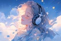 anime girl with white hair and with closed eyes enjoys music in large headphones against the background of a blue sky Royalty Free Stock Photo