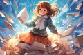 Anime Girl who discovers a magical book that gives the power of happyness, manga style illustration generative ai