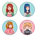 Anime girls avatars. Manga female characters wearing various cute clothes. Young teenagers doing activities Royalty Free Stock Photo