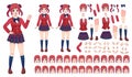 Anime girls character kit. Cartoon school girl uniform in japanese style. Kawaii manga student poses, faces, emotions and hands